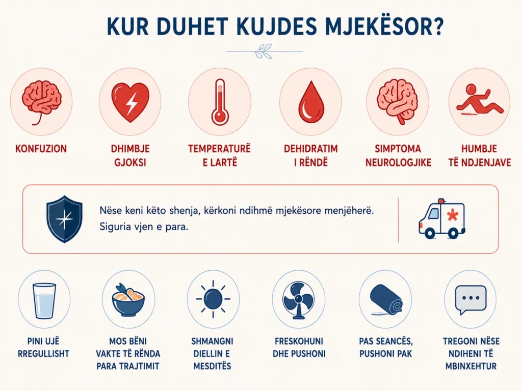 Infografikë me shenja alarmi gjatë temperaturave të larta, si konfuzion, dhimbje gjoksi, temperaturë e lartë, dehidratim i rëndë, simptoma neurologjike dhe humbje të ndjenjave.