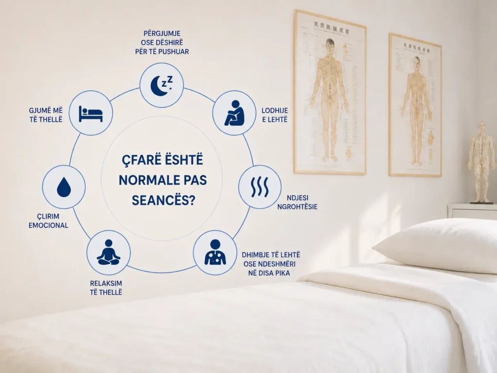 Infografikë në dhomë trajtimi që tregon reagime normale pas akupunkturës, si përgjumje, lodhje e lehtë, ndjesi ngrohtësie, relaksim, çlirim emocional dhe gjumë më i thellë.