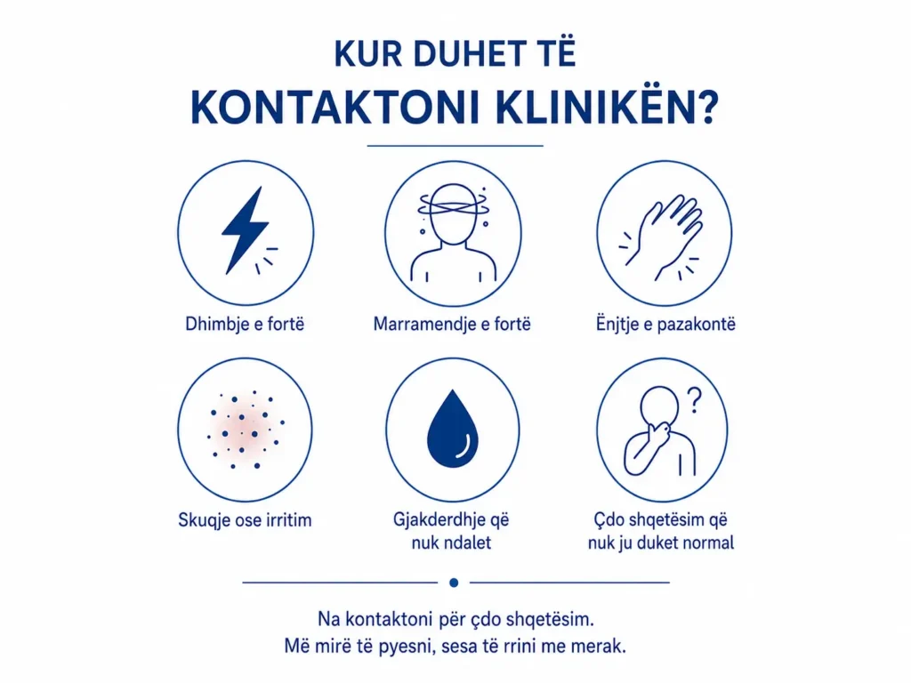 Infografikë me shenja kur pacienti duhet të kontaktojë klinikën pas akupunkturës, si dhimbje e fortë, marramendje, ënjtje e pazakontë, skuqje ose irritim, gjakderdhje që nuk ndalet dhe çdo shqetësim jo normal.