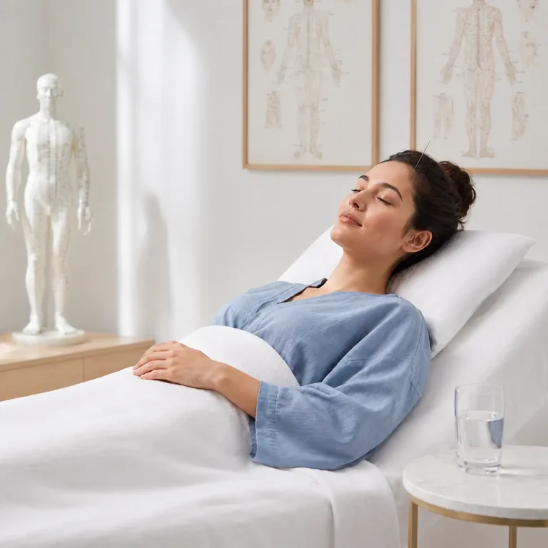 Pacient duke pushuar në një dhomë të qetë trajtimi pas akupunkturës, me krevat të bardhë, postera meridianësh dhe ambient të pastër klinik.